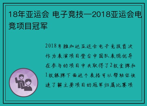 18年亚运会 电子竞技—2018亚运会电竞项目冠军