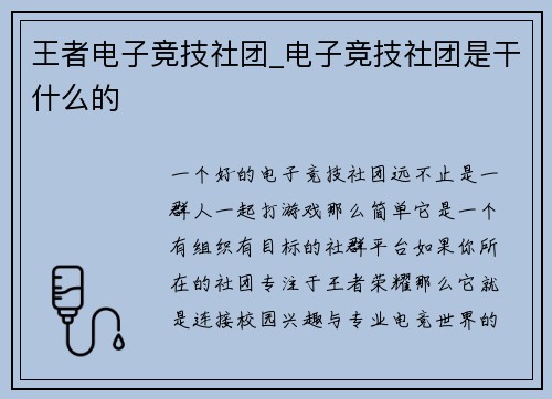 王者电子竞技社团_电子竞技社团是干什么的