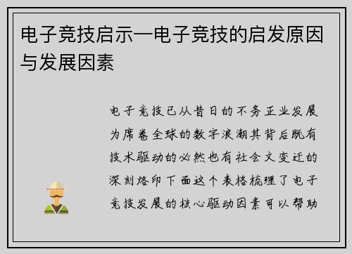 电子竞技启示—电子竞技的启发原因与发展因素